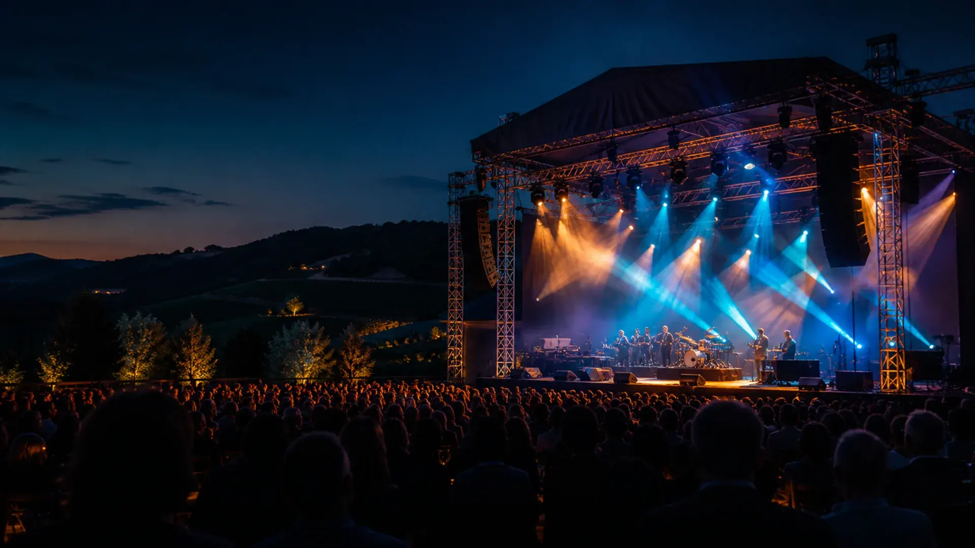 Upstage production with luminous scenic spheres and stage lighting